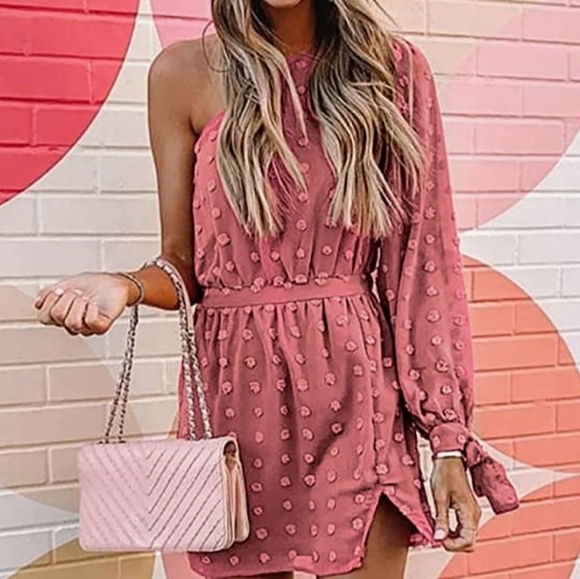 BTFBM One Shoulder Swiss Dot Long Sleeve Dress in Dark Pink Size M NWOT - Picture 1 of 8